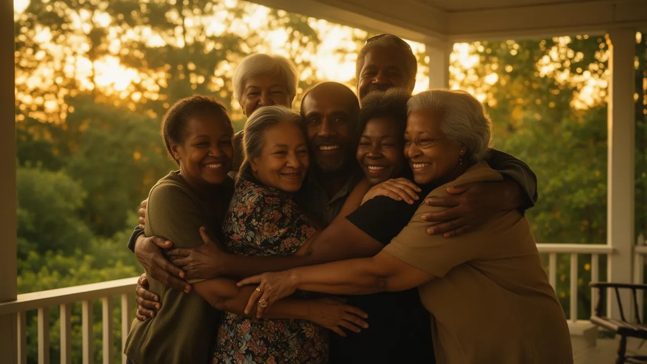 A caregiver supporting an elderly neighbor in a warm, hopeful community setting
