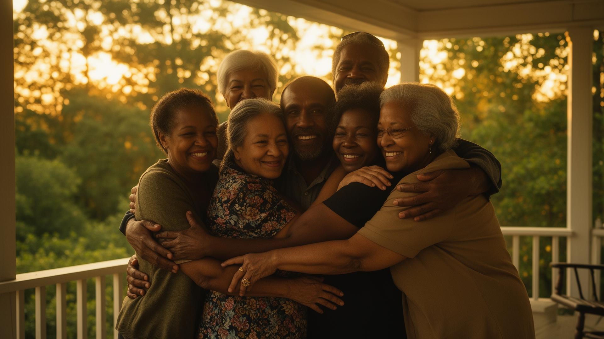 A caregiver supporting an elderly neighbor in a warm, hopeful community setting